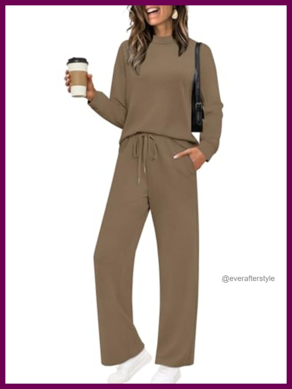Two Piece Set Mock Neck Long Sleeve Top Wide Leg Pants Loungewear Travel